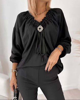 V-Neck Solid Color Blouse