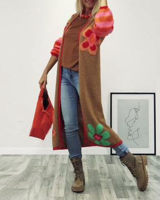 Floral pattern casual long cardigan