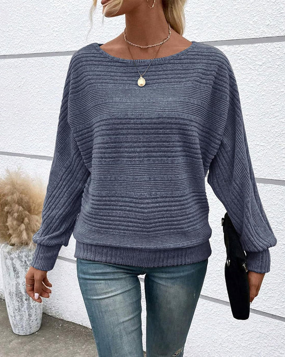 Solid Color Round Neck Long Sleeve Striped Top