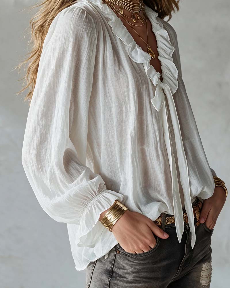 V-Neck Lace-Up Ruffled Long-Sleeve Blouse