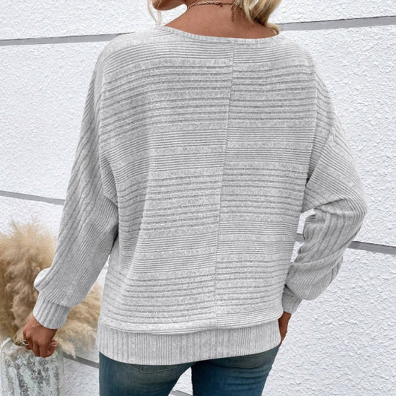 Solid Color Round Neck Long Sleeve Striped Top