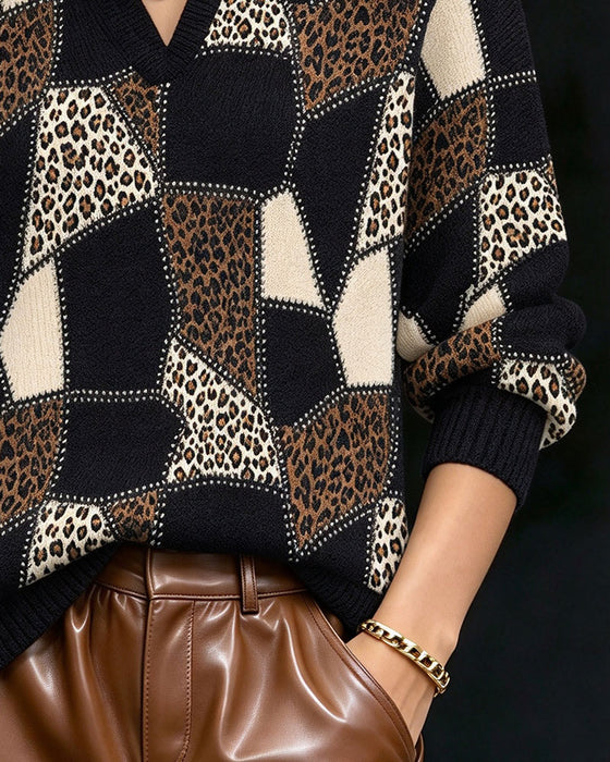 Collared V-neck Leopard Print Color-block Pullover