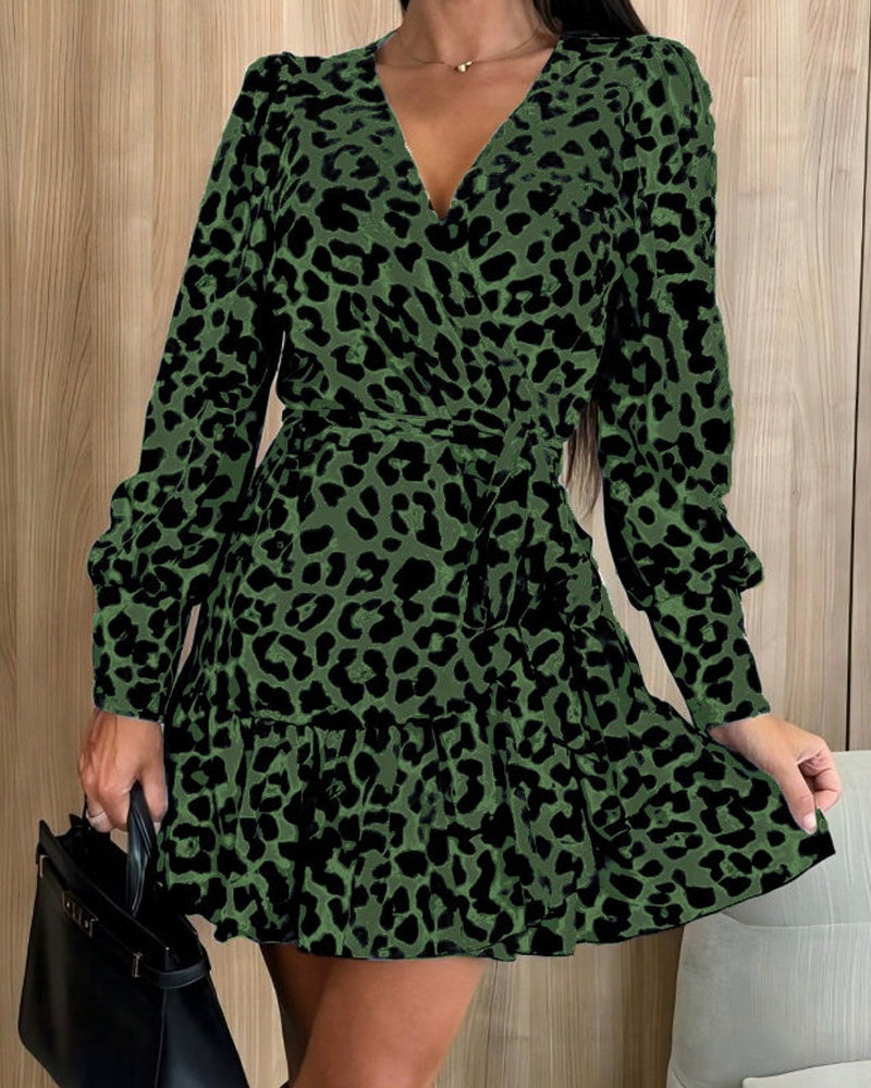 💖Black-Friday-Mega-Deal💖Leopard Print Wrap Dress With V-Neck And Waist Belt