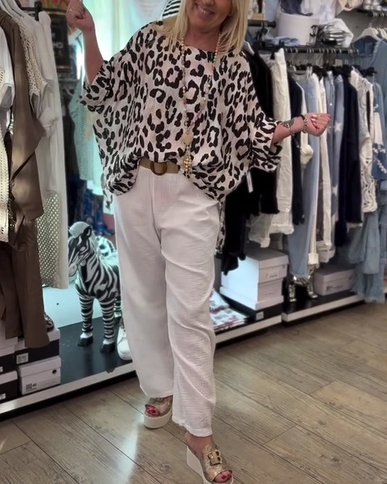 Round Neck Leopard Print Loose Blouse
