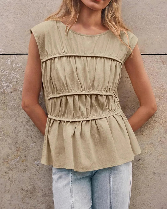 Crew Neck Smocked Waist Blouse