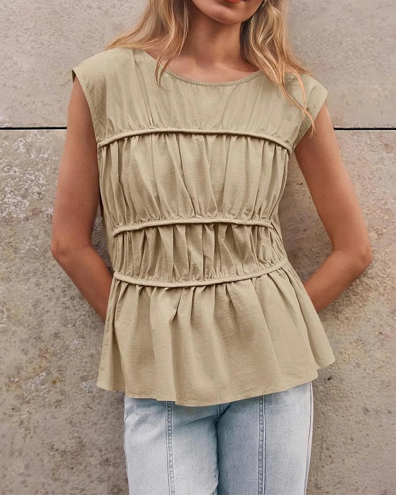 Crew Neck Smocked Waist Blouse