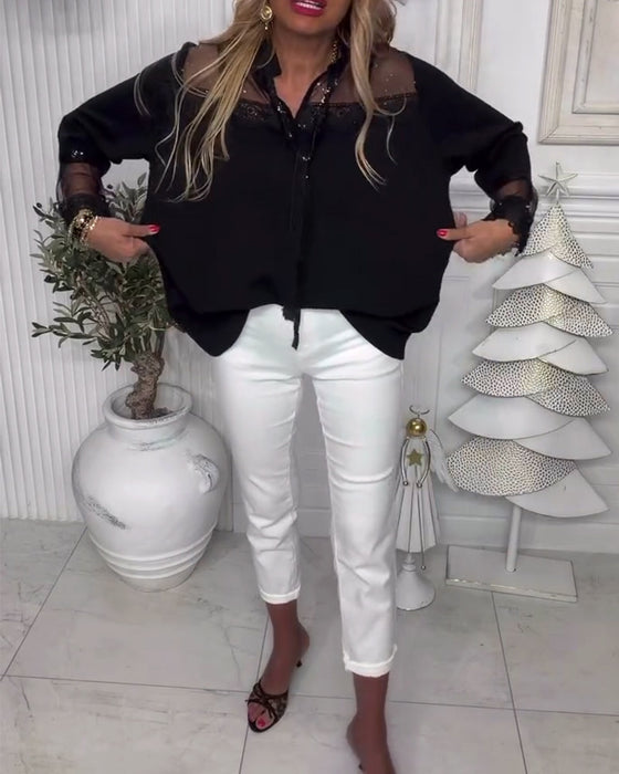 Solid Color Patchwork Long-Sleeved Blouse