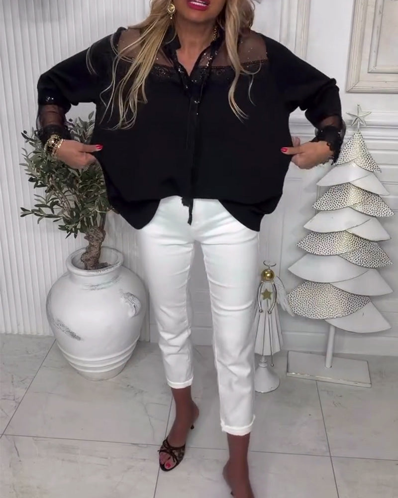 Solid Color Patchwork Long-Sleeved Blouse