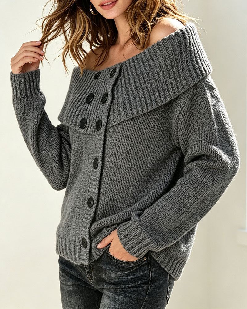 Lapel Off-Shoulder Button Off-Shoulder Pullover