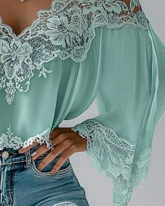 V-Neck Patchwork Loose Long-Sleeved Blouse