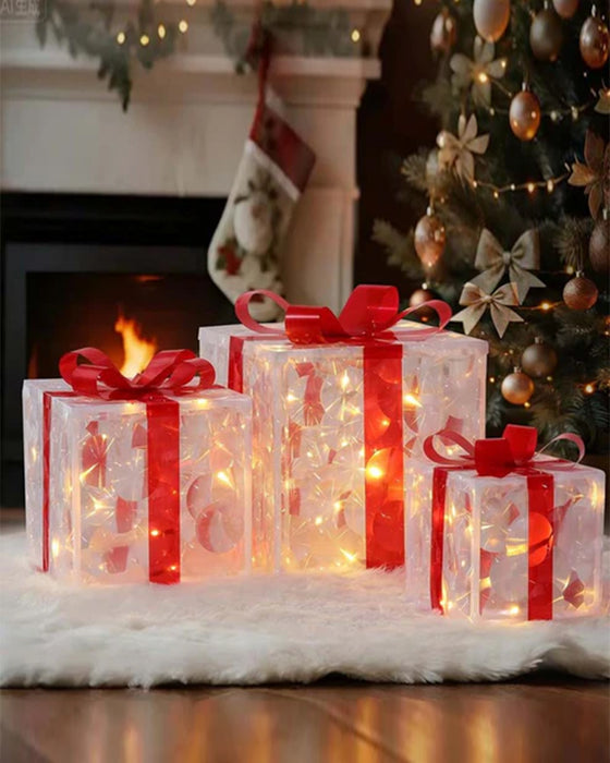 Christmas Decorations In The Form Of Glowing Gift Boxes