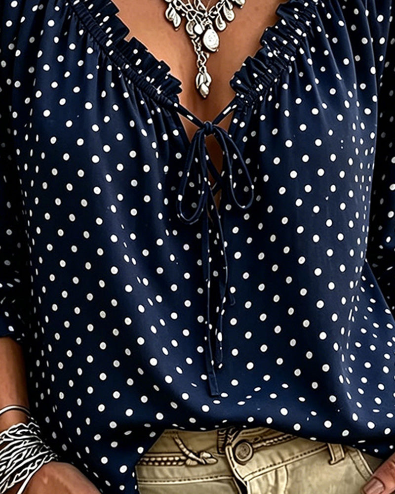 V-Neck Ruffle Polka Dot Tie Blouse
