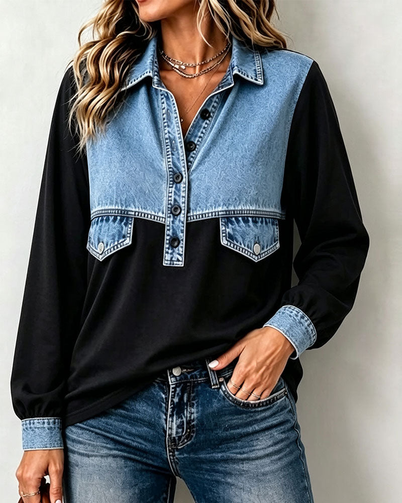 Shirt Collar Pocket Patchwork Sweatshirt