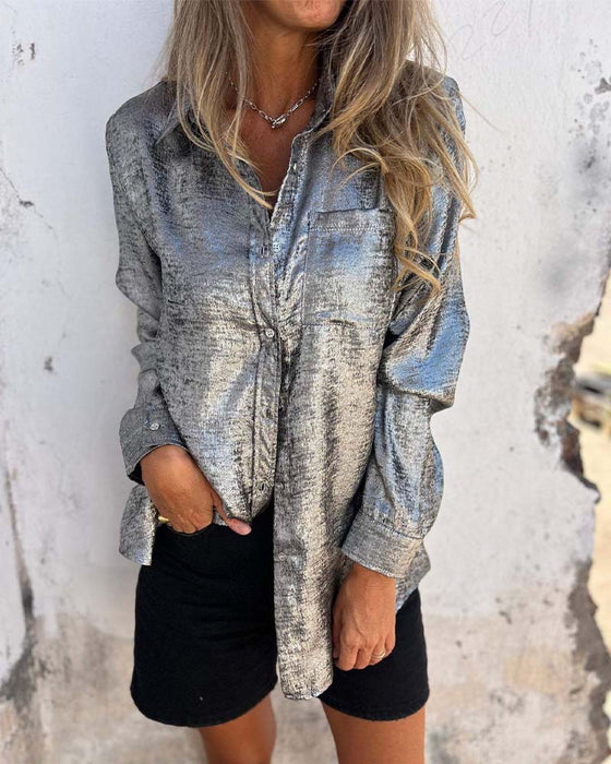 Long-Sleeve Fine Shimmer Pocket Button-Up Blouse