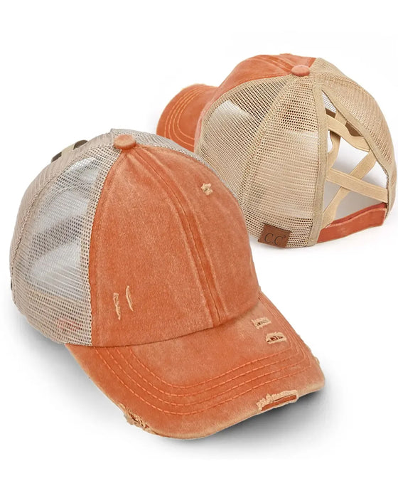 Adjustable Criss-Cross Back Distressed Denim Baseball Cap