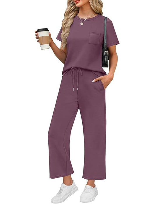 Solid Color Short Sleeve and Long Pants Set
