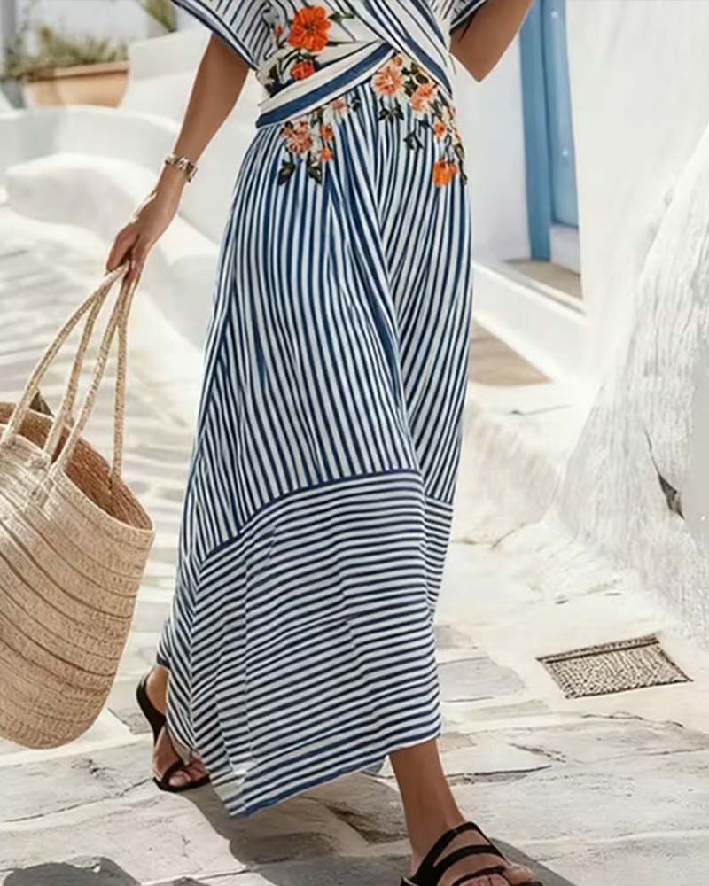Striped V-Neck Wrap Maxi Dress