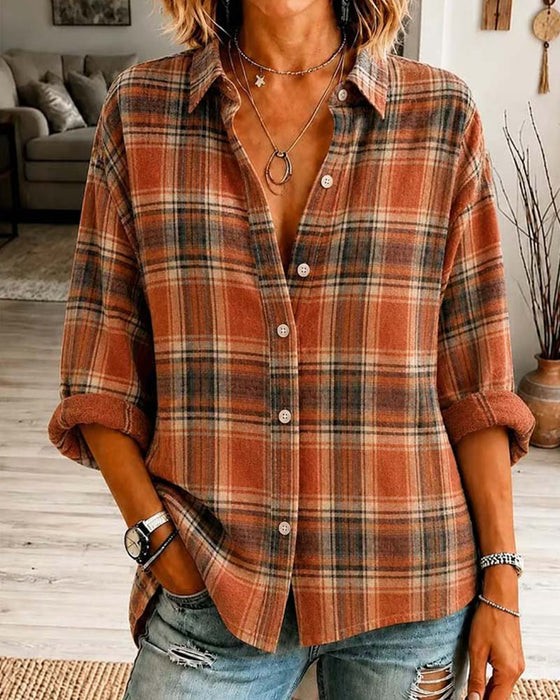 Lapel Checkered Long Sleeve Shirt