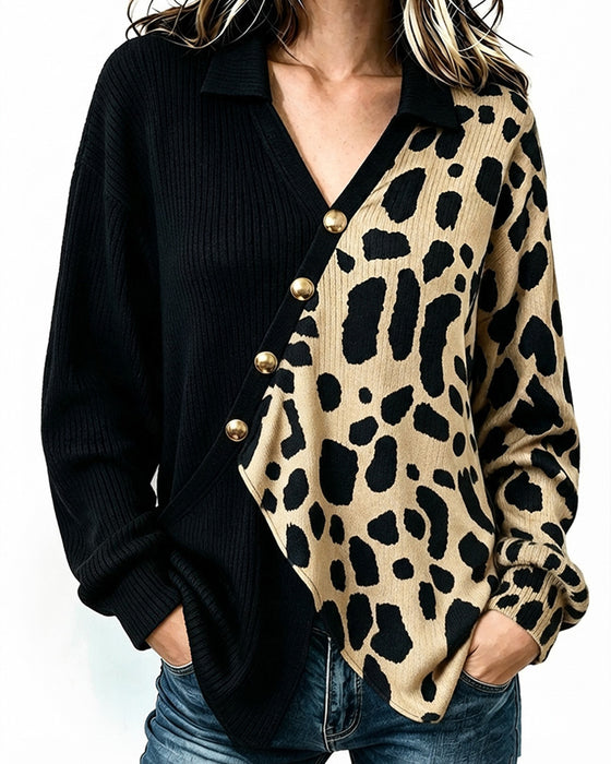 Leopard Patchwork Asymmetric Placket Color Block Pullover