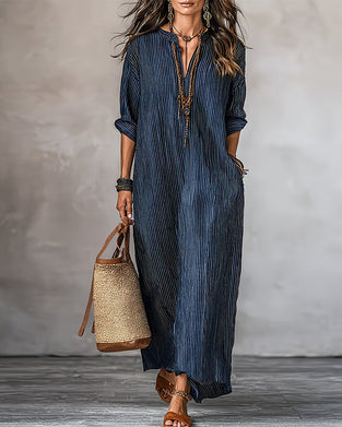 V-Neck Striped Pocket Shirt Dress