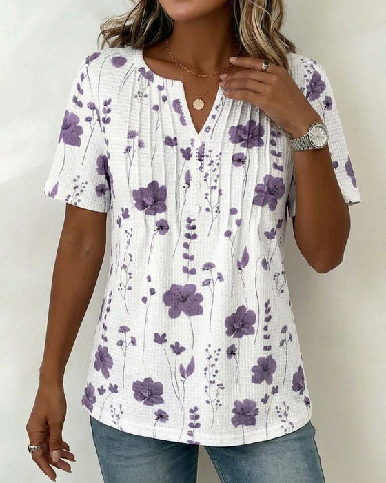 Waffle V-Neck Floral T-Shirt