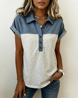 Button-Down Patchwork Turn-Down Collar T-Shirt