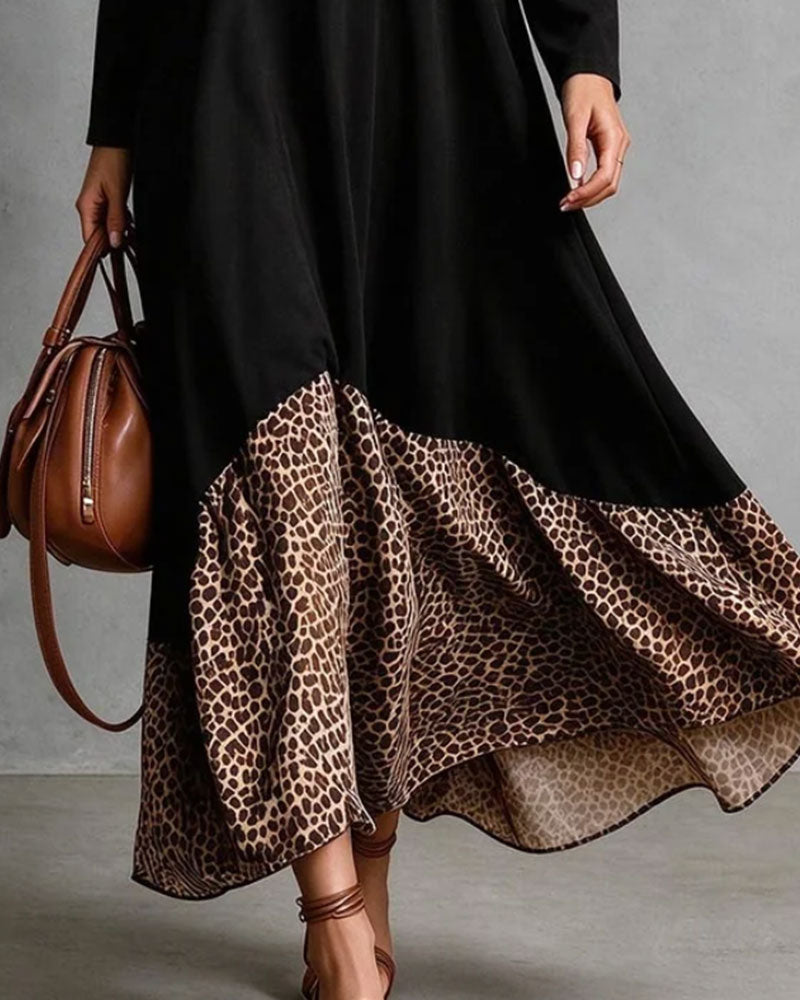 Round Neck Button Leopard Print Dress