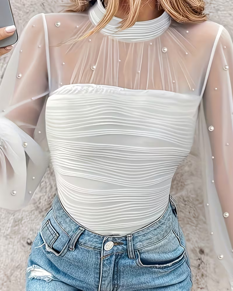 Mock Neck Smocked Sheer Blouse