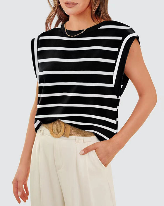Casual striped print round neck sleeveless top
