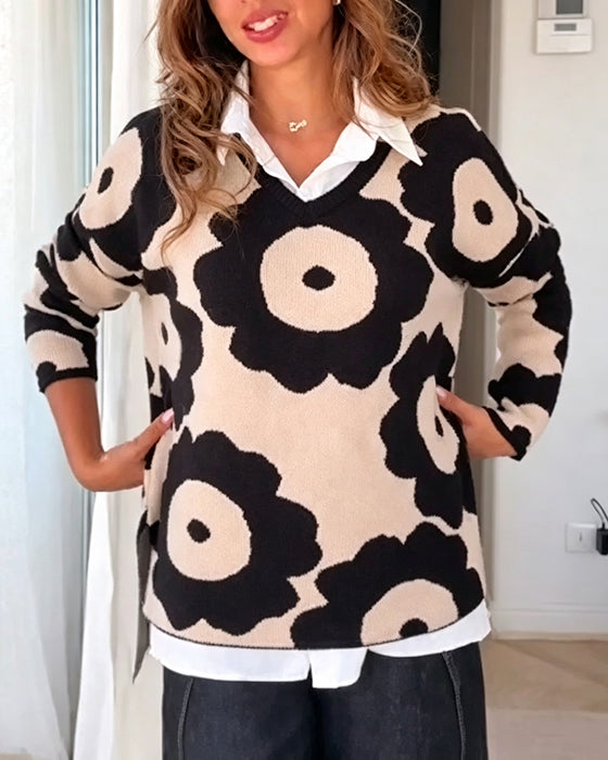 Floral Print V-Neck Pullover