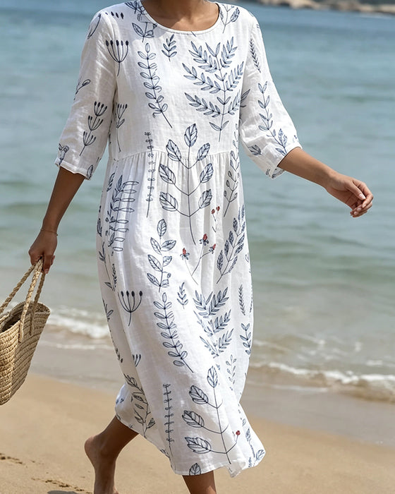 Short Sleeve Crew Neck Leaf Print Dress