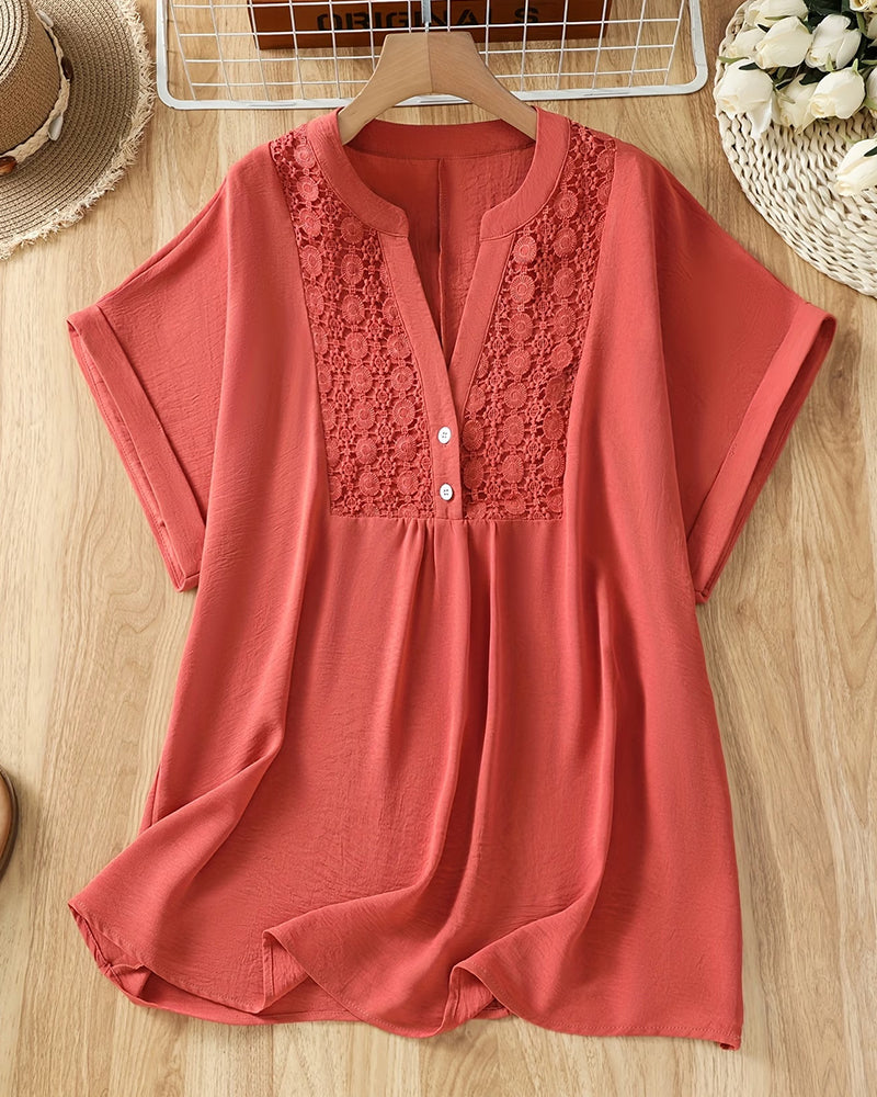 Lace Panel V-Neck Short Sleeve Blouse