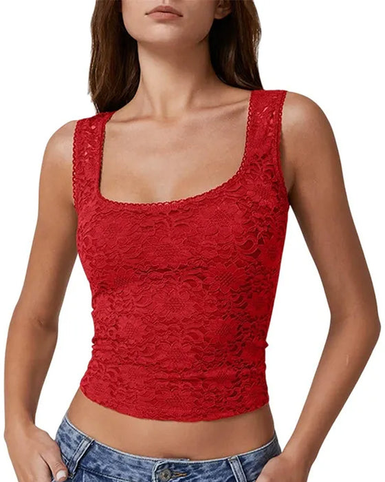Lace Trim Square Neck Sleeveless Tank Top