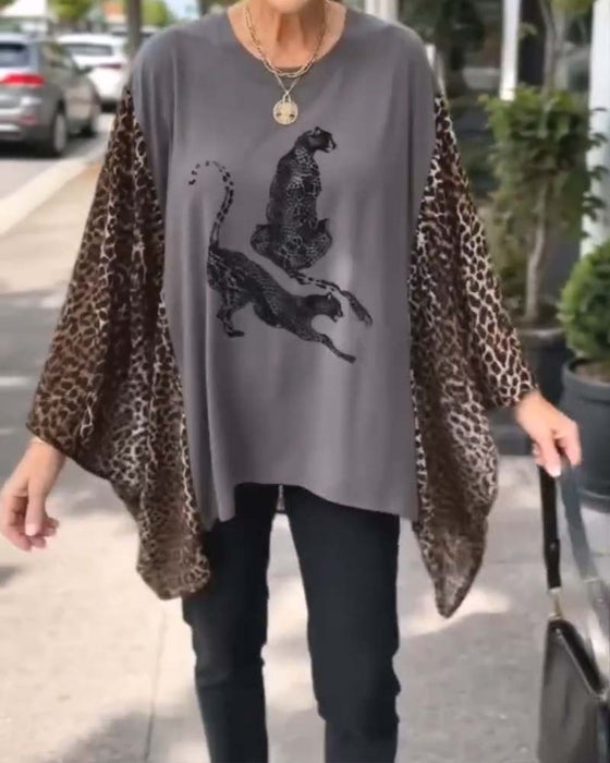 Cheetah Print Patchwork-Sleeve Top