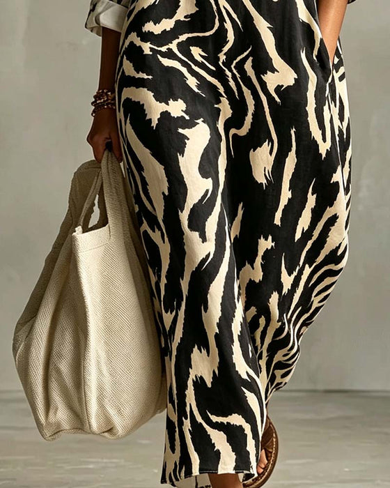 Animal Print Lapel Pocket Shirt Dress