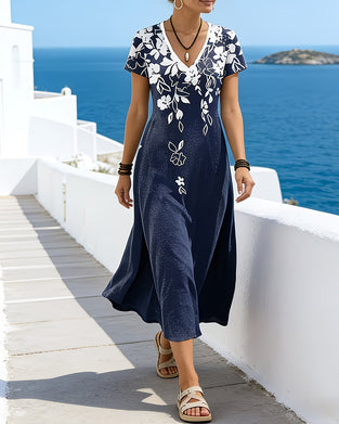 V-Neck Waist-Cinched Flared Dress