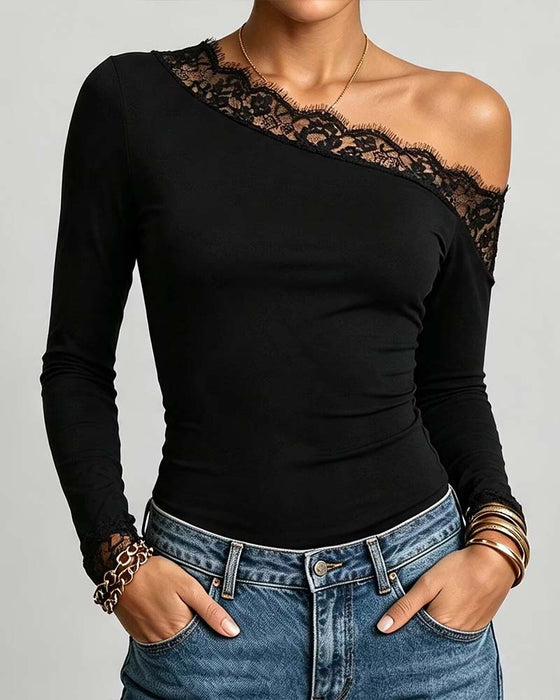 One-Shoulder Fitted Lace Patchwork Top