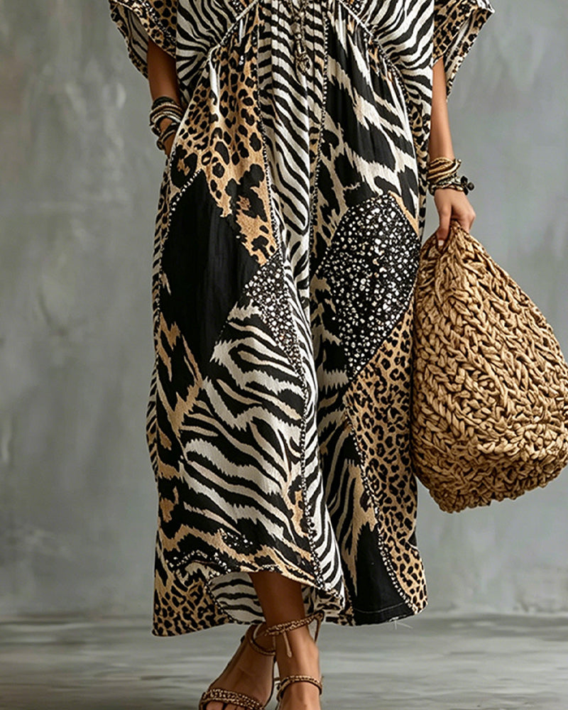 V-Neck Leopard Print Bat Sleeve Dress