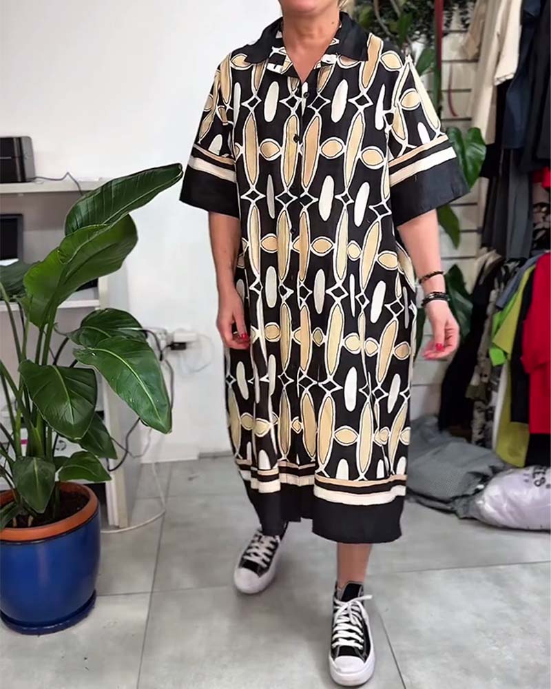 Collared Printed Short-Sleeve Loose Dress