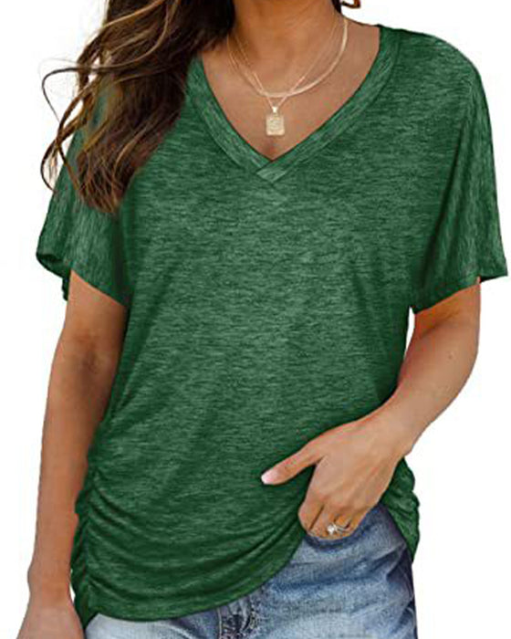 Pleated Solid Color V-Neck T-Shirt