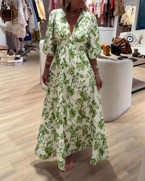 Deep V-Neck Elegant Floral Long Dress