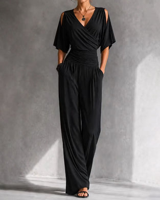 V-Neck Crossover Cold Shoulder Waist Pocket Jumpsuit