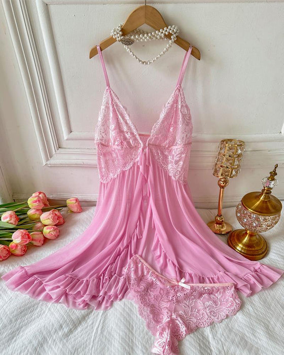 Ladies' Sexy Ruffle Trim Lace Cami Nightdress & Bow Decor Panty Set