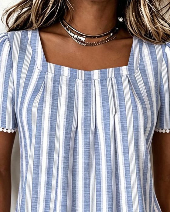 Striped Square-Neck Short-Sleeve Blouse