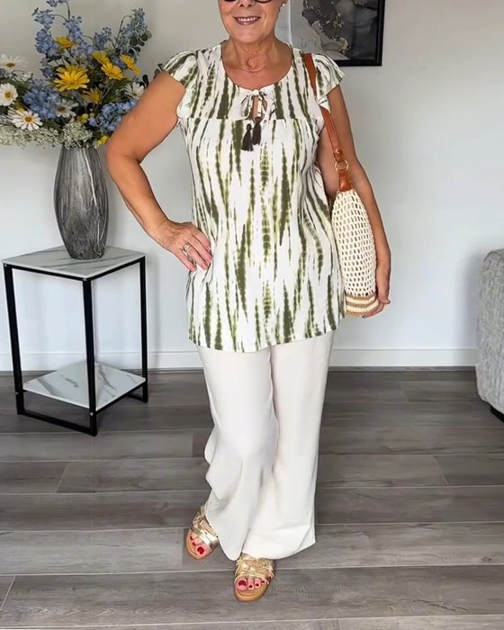 Lotus Leaf Sleeves Tassel Tie-Dye Blouse
