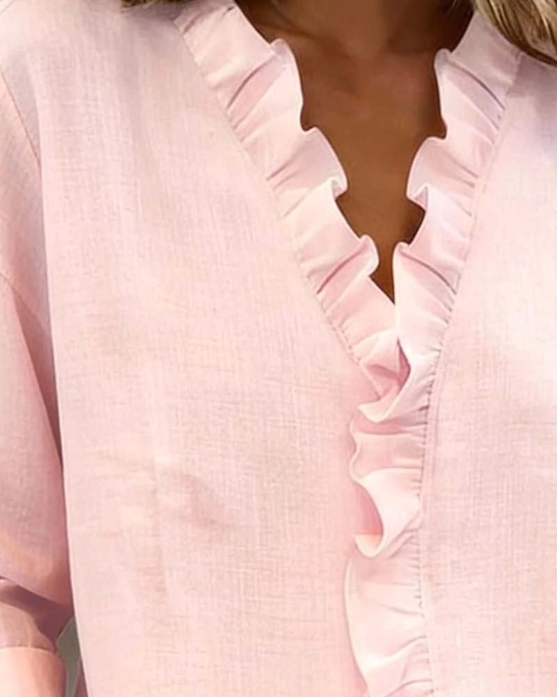Ruffle V-Neck Long-Sleeve Blouse