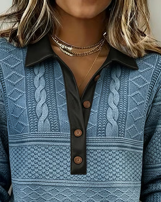 Button-Down Collar Patchwork Sweatshirt