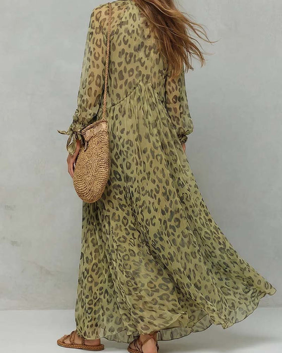 V-Neck Long Sleeve Leopard Maxi Dress