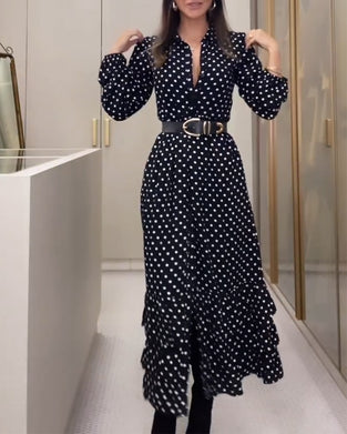 Fashionable polka dot button slit ruffle dress
