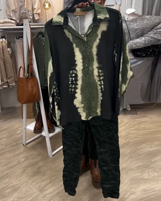 Lapel Retro Color Block Long Sleeve Shirt